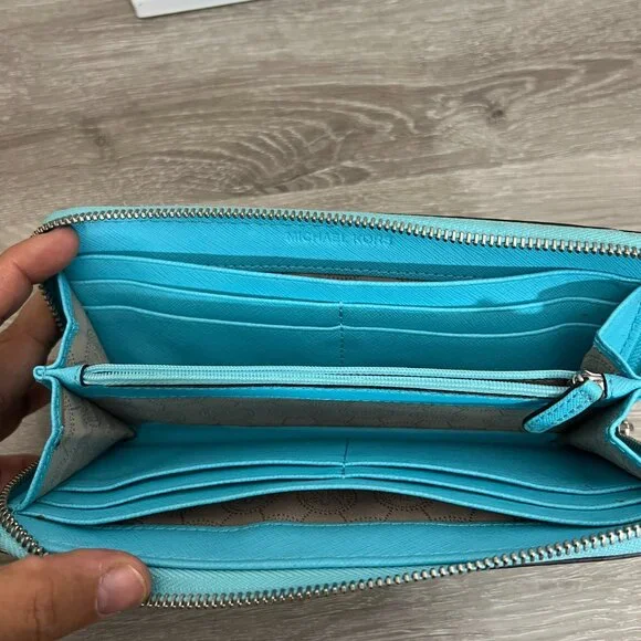Michael Kors Jet Set Large Continental Zip Around Wallet Teal - Picture 4 of 5